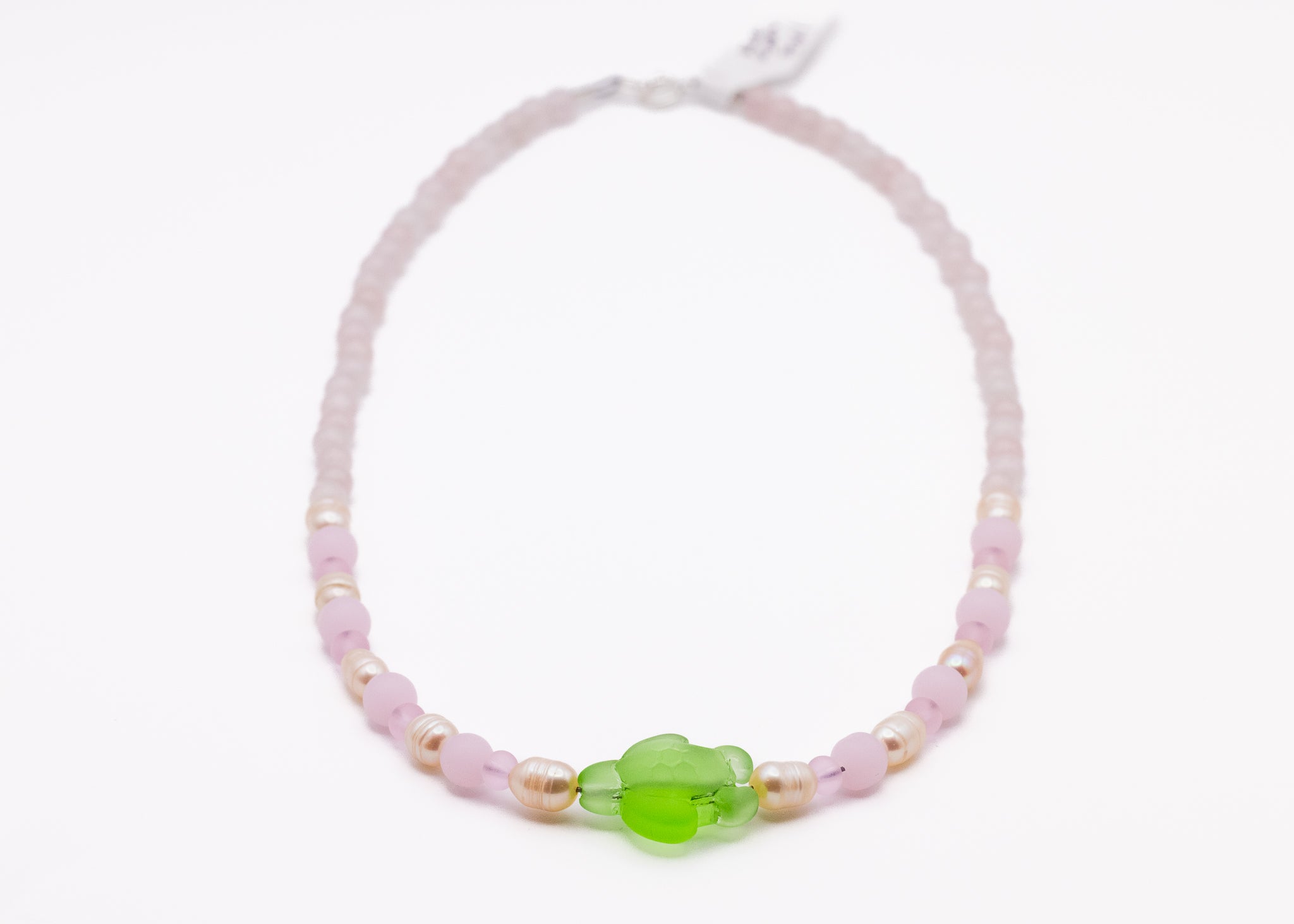 15inch Seaglass Turtle Necklace With Freshwater Pearls, Seaglass, Rose Quartz, and Sterling Silver