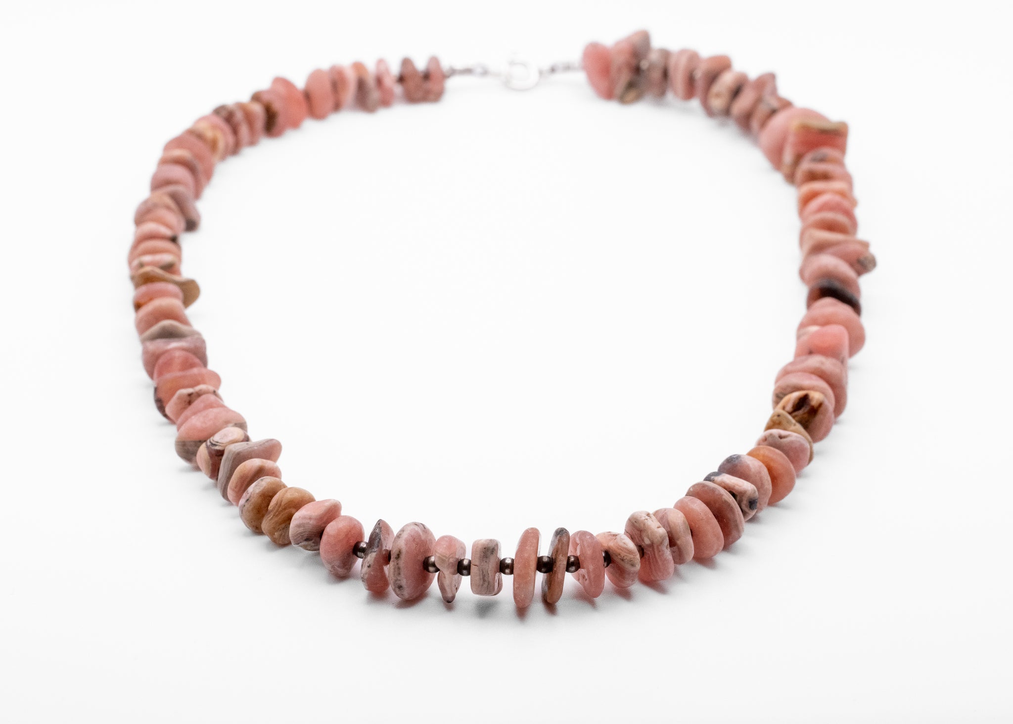 16inch Pink Rhodochrosite Necklace With Navajo Pearl Spacers And Sterling Silver Findings