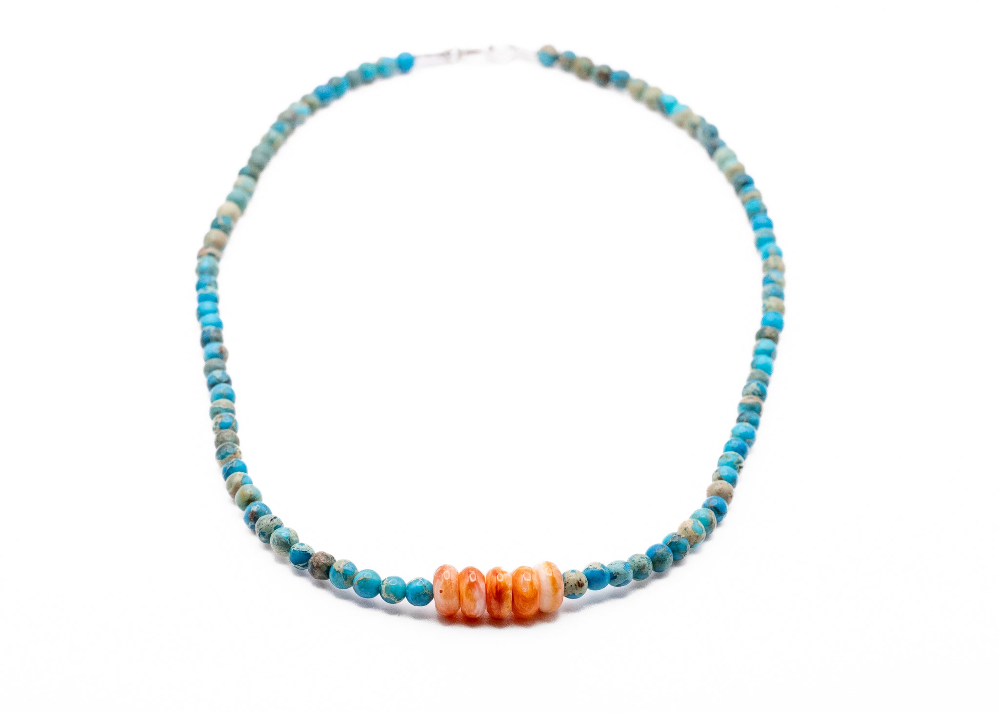 17inch Spiny Oyster And Aqua Sea Sediment Jasper Necklace With Sterling Silver Findings