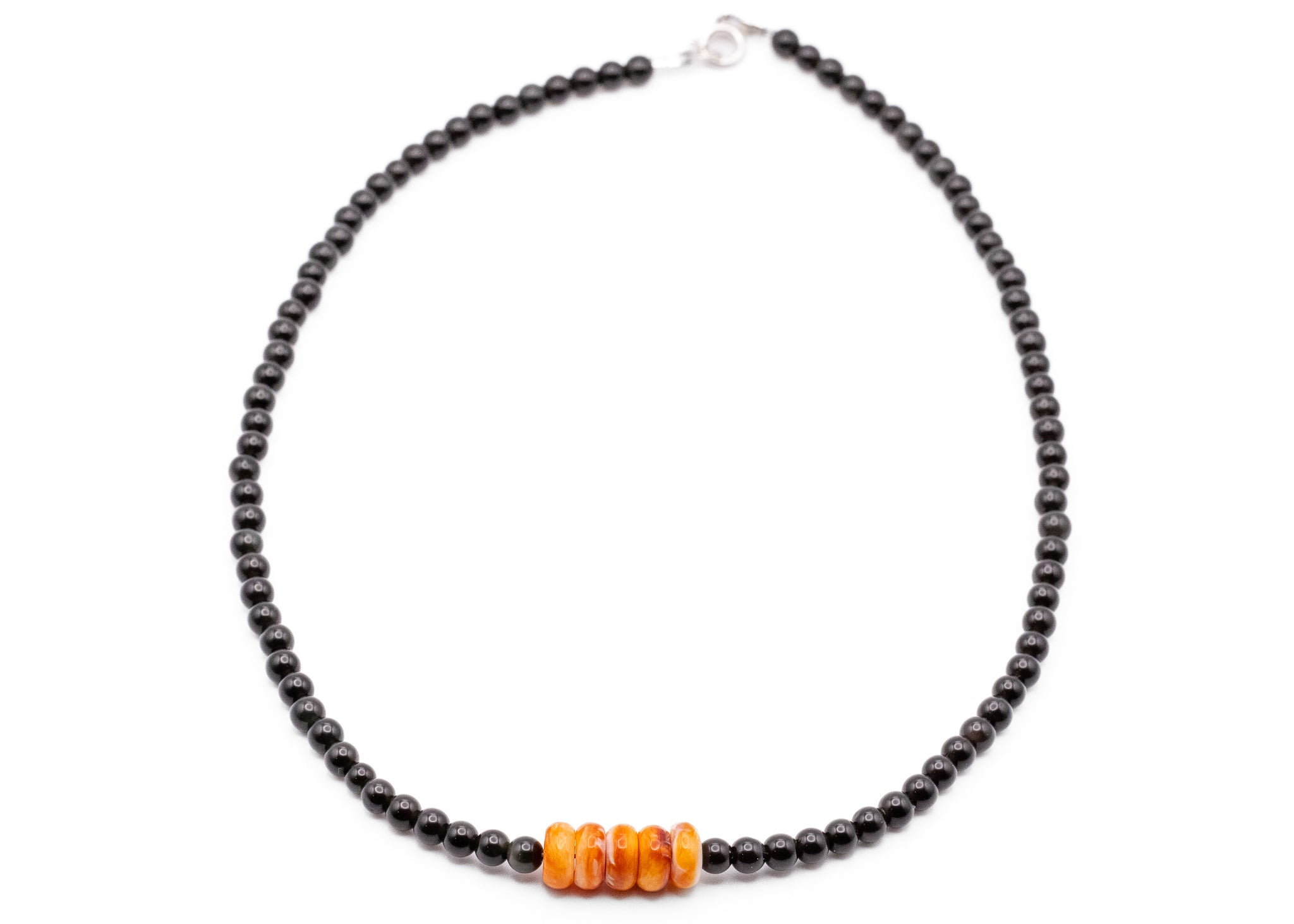 17inch Spiny Oyster And Silver Sheen Obsidian Necklace With Sterling Silver Findings