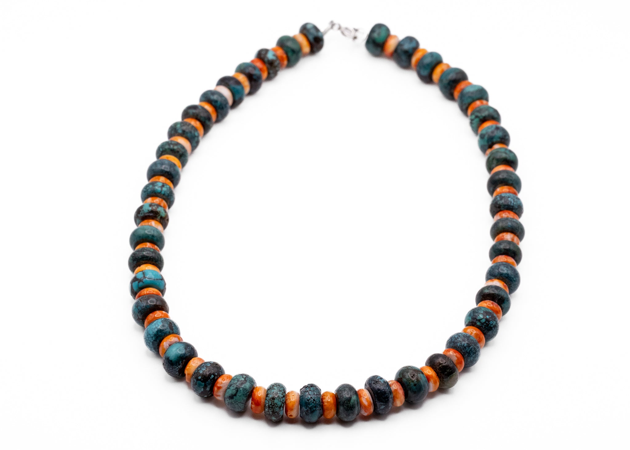 18inch Vintage Hubei Turquoise And Orange Spiny Oyster Necklace With Sterling Silver Findings