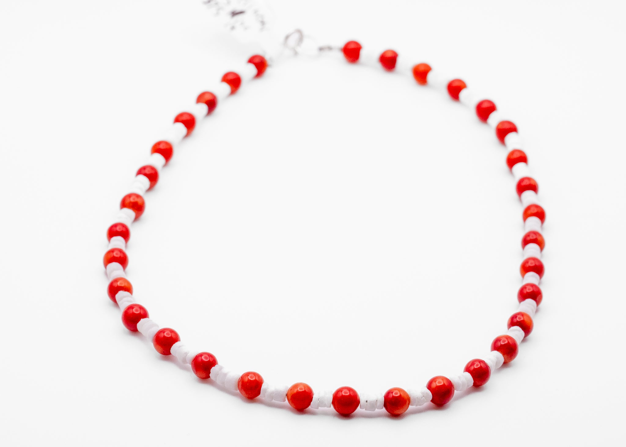 14inch Red Bamboo Coral And Shell Choker Style Necklace With Sterling Silver Findings