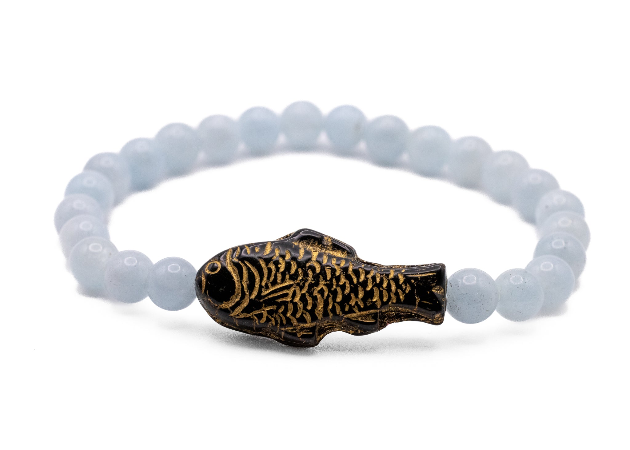 Pressed Glass Fish And Aquamarine Stretchy Bracelet