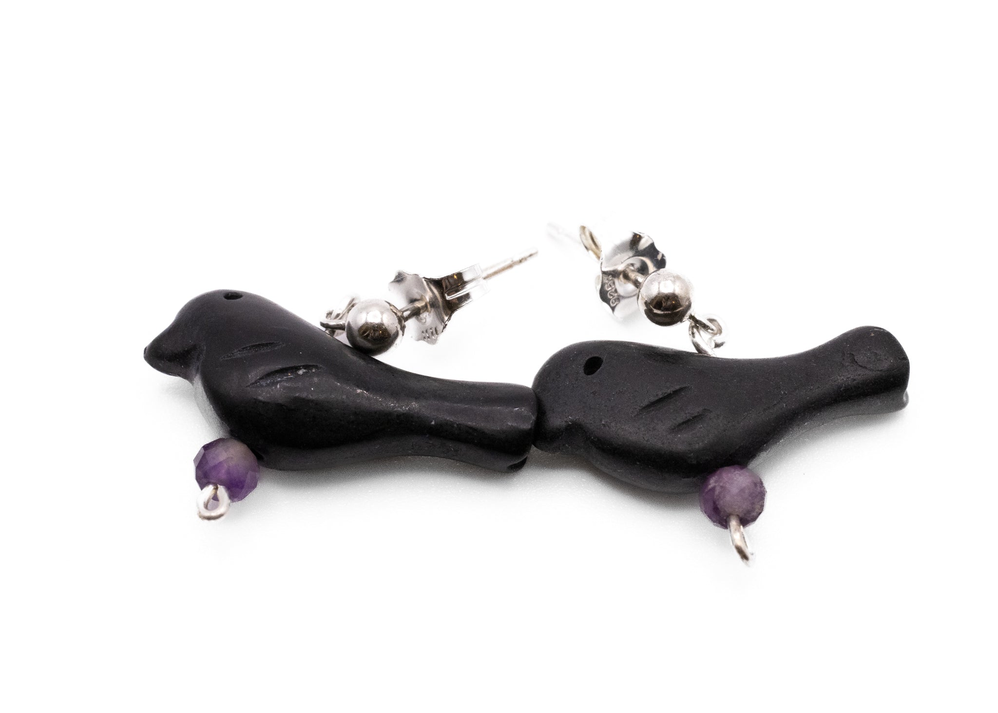 Sterling Silver Drop Stud Earrings With Handcarved Bird Fetish Beads And Amethyst
